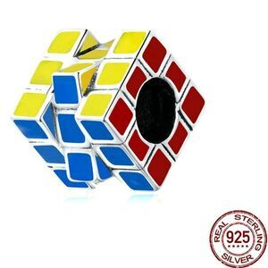 Womens WOSTU Soild 925 Silver Rubik's Cube Charm